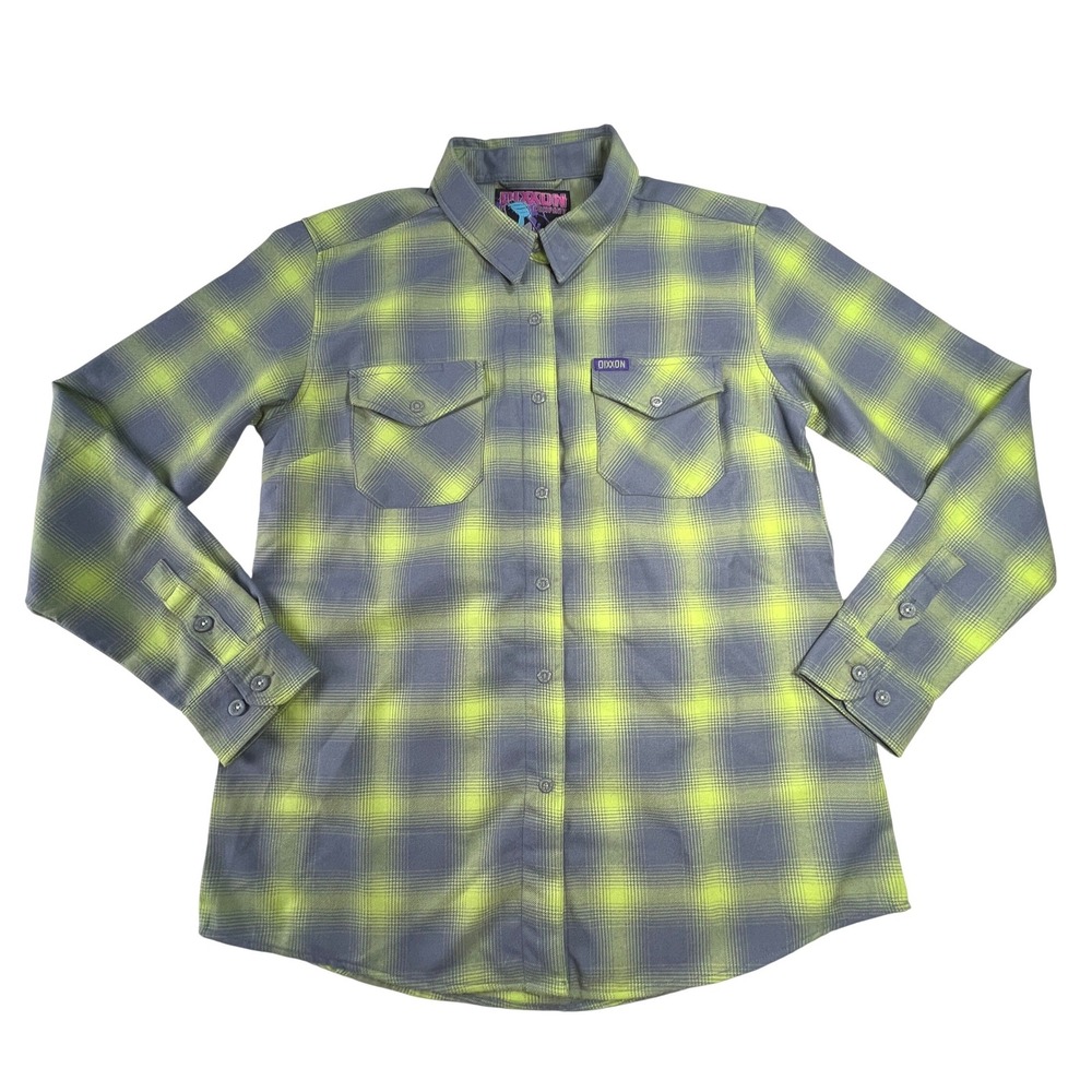 Dixxon Flannel The Slice Women Large Green Gray Plaid D-Tech Button Up Shirt